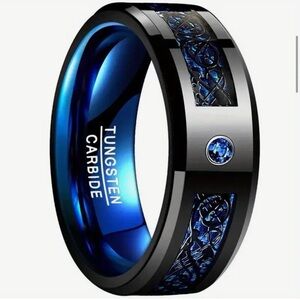 Tungsten Titanium Carbide 8 mm Blue Black Dragon with Blue CZ Gem Ring Band